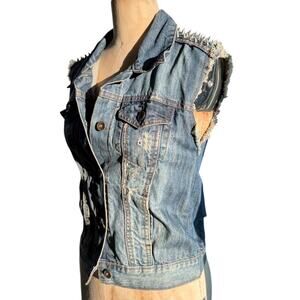 Y2K Distressed denim moto vest with real screwed on spikes and studs Size S
